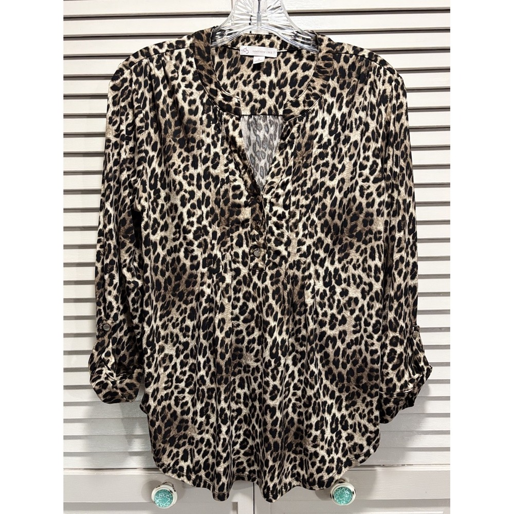 CB Cheetah Print Brown/Tan 3/4 Tab Sleeve Blouse Size Small Gathered Trendy